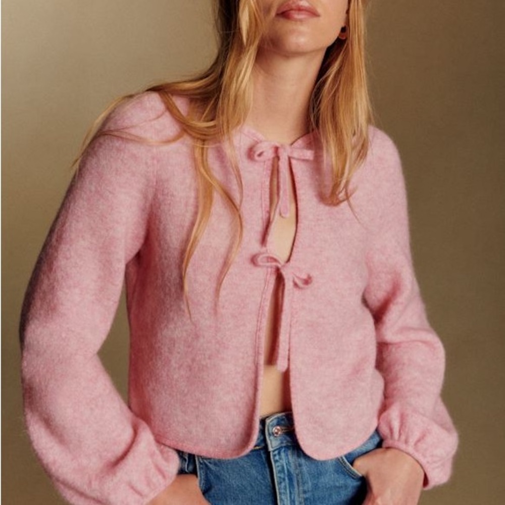 Sezane Pink Fuzzy Tie-Front Cardigan
